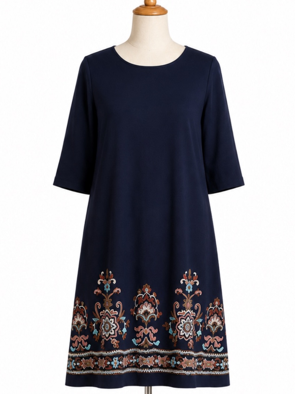 J. Jill Navy Embroidered Shift Dress Boho Floral Hem 3/4 Sleeve - Picture 2 of 7